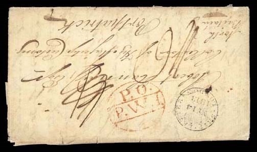 cover 1812 (10 Nov.) entire letter headed "On Board H.M.S. Wilhelmina, Port Cornwallis-Prince of Wales Island" addressed to Scotland, rated "4" (deleted) and "1/6", showing very fine oval "P.O./P.W.I." h.s. in red (Type P2) with "SHIP LETTER/LONDON" c.d.s. (14.5.13) alongside; the entire letter with some wear along folds. Very rare, one of five recorded examples of which four are struck in red, this being the clearest. Photo