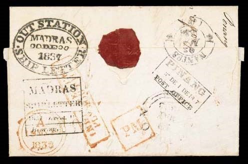 cover 1837 (1 Dec.) entire letter to France, marked "via Madras per HMS Victor", rated "1/3" (deleted), "1/6" and "90" (decimes), showing framed "Ship Letter" with, on reverse, a very fine strike of the framed "PINANG/POST OFFICE" d.s. in black (Type P5) along with Madras Ship Letter (19.12) and Outstation Ship Letter (20.12) datestamps, framed "INDIA LETTER/PLYMOUTH" in red, boxed "PM" in red and London c.d.s. (19.5). A very fine example of this short-lived marking, used from September 1837 to September 1838. Photo