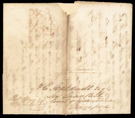 cover 1845 (14 Jan.) entire to Singapore, marked "Service" and showing, on reverse, a good to fine strike of the very rare oval-framed "PENANG/FREE" d.s. in red (Type FR1); the entire with some age discoloration and very heavy vertical filing crease. Very rare, only three examples recorded, all with 1844 dates. Photo