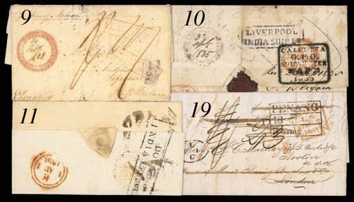 cover 1849 (10 Apr.) entire letter to Boston USA via Baring Brothers in London, variously rated and showing the very large framed "PENANG/Bearing" d.s. (Type P7) partly overstruck by red arrival d.s. (31.5). Photo