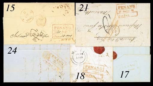 cover 1855 (24 Jan.) entire letter to Marseilles, marked "Overland via Suez", showing fine framed "PENANG/Post Paid" d.s. in red (Type P6) struck inverted at lower left, handstruck "10" (decimes) and, on reverse, Alexandria transit d.s. in blue. Photo