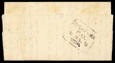 cover 1830 (Feb./Mar.) long and interesting entire letter to Macao, written firstly in Singapore on board "Ship Drangan" and finally at Malacca showing, on reverse, the rare framed "SINGAPORE/P.O." d.s. in black (Type P2) for 6th March, crossed by light filing crease. Very rare, one of four recorded examples. Photo