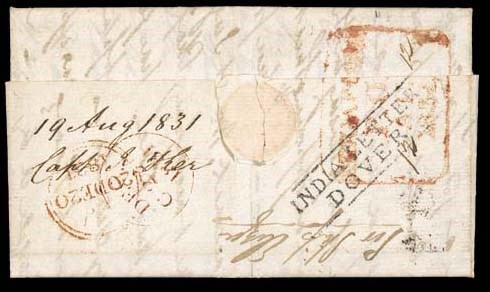 cover 1831 (12 Aug.) entire letter to Edinburgh, rated "1/-" (deleted) and "1/6" and showing, on reverse, framed "SINGAPORE/P.O." d.s. in red (Type P2) overstruck by framed "INDIA LETTER/DOVER" and small boxed "½" (on face). Very rare, only four examples recorded of which this is the clearest. Photo