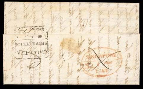 cover 1840 (16 June) entire letter headed "Singapore Harbour" ex the Layard correspondence to Ceylon and showing, on reverse, oval "SINGAPORE/FREE" d.s. in red (Type FR1) deleted by manuscript ink cross and Calcutta Ship Letter d.s. Very rare, only three examples recorded of which this is the clearest. Photo