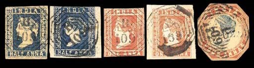 used  ½a. Die I (2), 1a. Dies I and II, and 4a. Head Die III (cut to shape and damaged), all clearly cancelled "B/109", the 4a. additionally cancelled "B/172"; some faults though fine strikes. Only four examples of the 4a. are recorded, all cut to shape. Photo