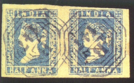used  ½a. blue Die I, a horizontal pair with good to large margins, both clearly cancelled "B/147", fine. S.G. Z20, £550. Photo