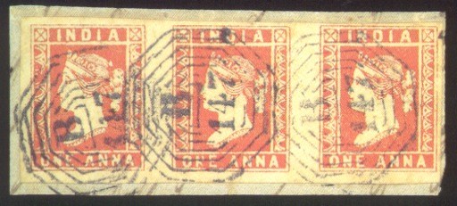 used  1a. Die I, a strip of three with small to large margins, affixed to fragment, clearly cancelled "B/147", fine. S.G. Z21. Photo