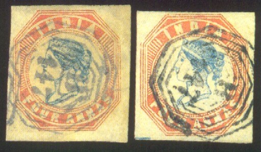 used  4a. blue and red, 4th. printing, three examples with clear margins, each cancelled "B/147", two with faults. S.G. Z25