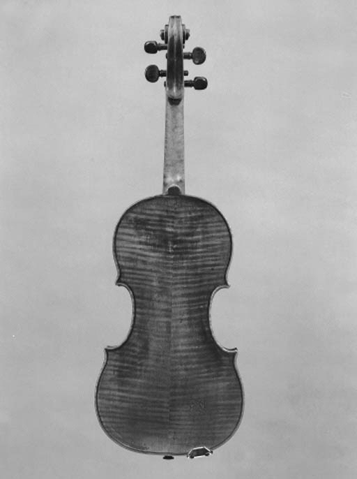 A Dutch violin, Amsterdam school, circa 1700, labelled Antonius & Hieronymus Fr. Amati/Cremonen Andrea Fil F 1590; the two-piece back of medium curl, the ribs and scroll similar, the top of fine to medium grain, the varnish of a red colour, the length of back 14in (356mm), in case with silver-mounted bow stamped H.R. Pfretzschner