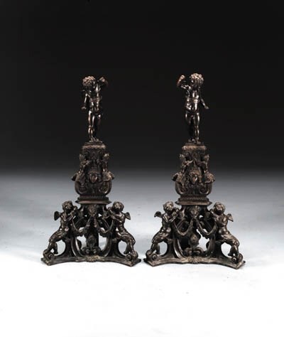 A PAIR OF ITALIAN BRONZE ANDIRONS