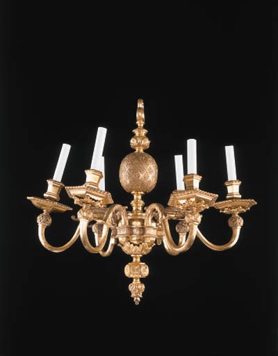 A LOUIS XIV STYLE LACQUERED BRASS SIX-LIGHT CHANDELIER