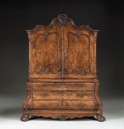 A DUTCH ROCOCO BURR-WALNUT AND WALNUT ARMOIRE