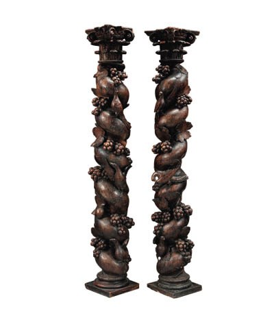 A PAIR OF ITALIAN BAROQUE WALNUT SOLOMONIC COLUMNS
