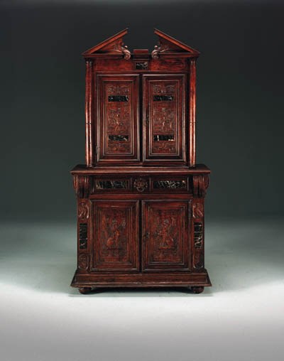 A FRENCH RENAISSANCE MARBLE-INLAID WALNUT BUFFET A DEUX CORPS