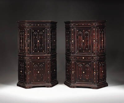 A PAIR OF ITALIAN BAROQUE STYLE BRASS-MOUNTED WALNUT MEUBLES-EN-DEUX-COPRS