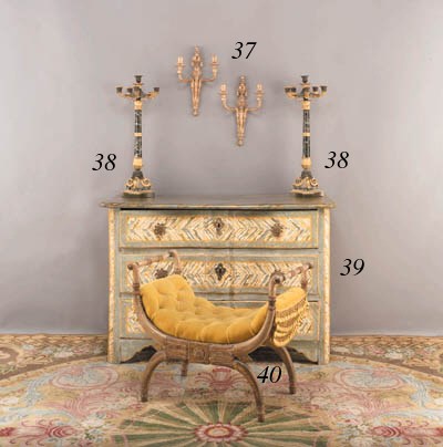 A PAIR OF ITALIAN NEOCLASSIC GILTWOOD TWIN-BRANCH WALL-LIGHTS