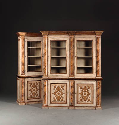 A PAIR OF ITALIAN WHITE-PAINTED, MARBLEIZED AND GILT-VARNISHED SILVERED (MECCA) PHARMACY BOOKCASES
