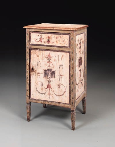 AN ITALIAN NEOCLASSIC POLYCHROME-PAINTED AND PARCEL-GILT SIDE CABINET