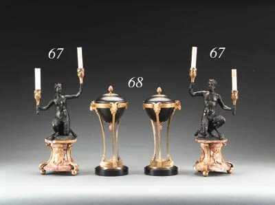 A PAIR OF ITALIAN BAROQUE-STYLE PATINATED BRONZE, ORMOLU AND BRECHE D'ALEP MARBLE TWO-LIGHT CANDELABRA