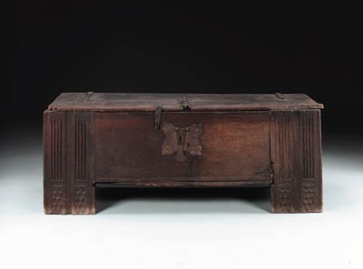 A GERMAN RENAISSANCE WROUGHT-IRON MOUNTED OAK COFFER