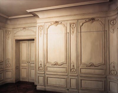 A LOUIS XV STYLE LIGHT-BLUE-PAINTED WOOD-PANELLED BOUDOIR