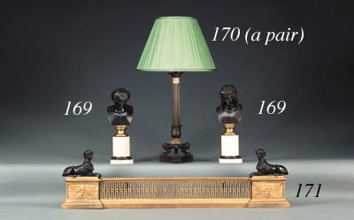 A PAIR OF CHARLES X PATINATED BRONZE AND ORMOLU CANDELABRA BASES MOUNTED AS LAMPS