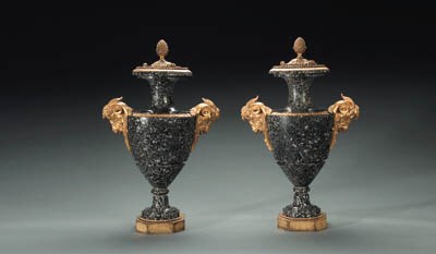 A PAIR OF SWEDISH NEOCLASSIC GILT-LEAD MOUNTED GREEN SERPENTINE MARBLE VASES