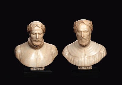 A PAIR OF ITALIAN SCULPTED ALABASTER BUSTS OF THE POETS ARIOSTO AND TASSO