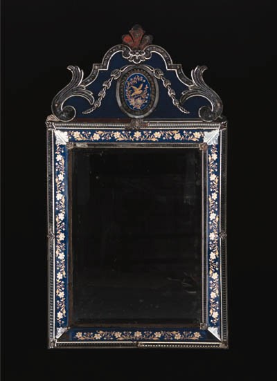 A VENETIAN ROCOCO STYLE BLUE, GOLD AND ETCHED GLASS MIRROR
