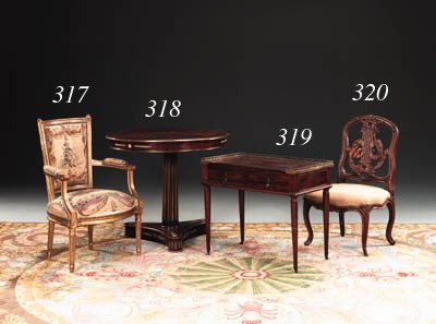 A GERMAN NEOCLASSIC BRASS AND ORMOLU-MOUNTED MAHOGANY AND MARQUETRY CENTER TABLE