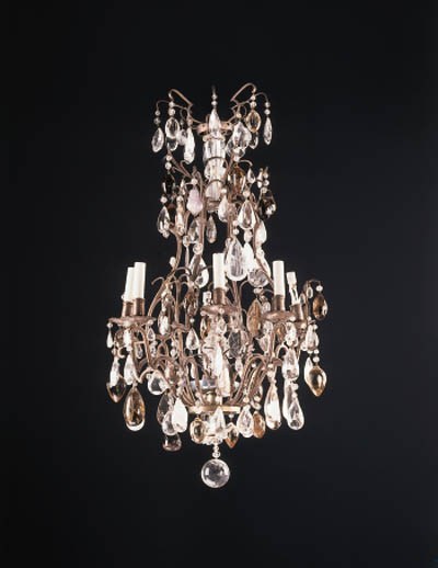 A WHITE METAL, ROCK CRYSTAL AND AMETHYST QUARTZ EIGHT-LIGHT CHANDELIER