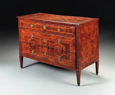 A NORTH ITALIAN NEOCLASSIC WALNUT AND MARQUETRY COMMODE