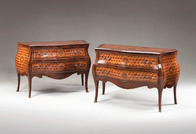 A PAIR OF SOUTH ITALIAN ROCOCO STYLE KINGWOOD AND FRUITWOOD PARQUETRY COMMODES