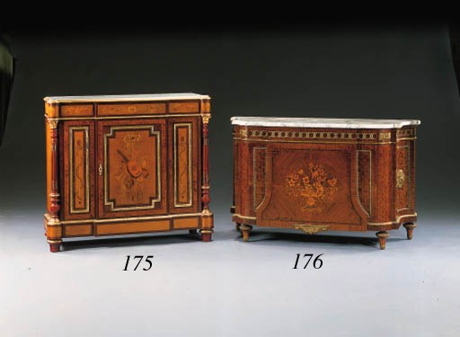 A LOUIS XV/XVI STYLE ORMOLU-MOUNTED MAHOGANY, MARQUETRY AND PARQUETRY COMMODE