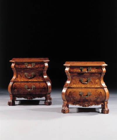 A pair of walnut and marquetry bombe bedside commodes
