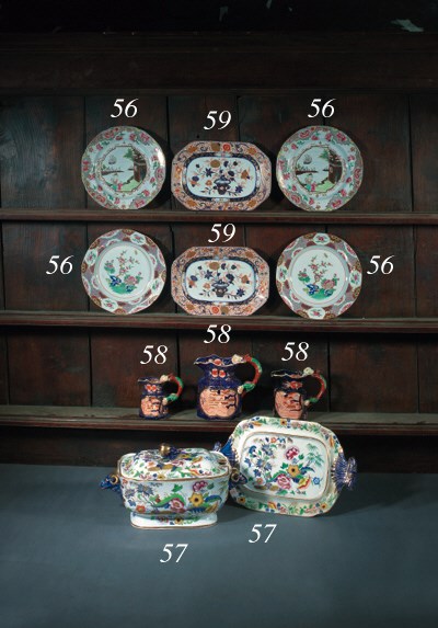 A garniture of three Mason's Ironstone octagonal section jugs