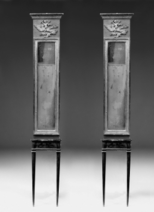 A pair of giltwood and composition, painted and walnut pier tables with mirrors, 19th century