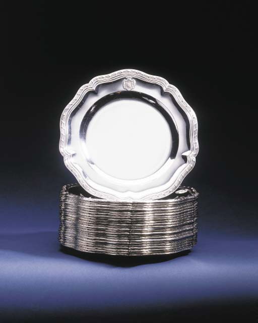 A SET OF TWENTY-FOUR FRENCH SILVER DINNER PLATES FROM THE DUKE DE LA ROCHEFOUCAULD-DOUDEAUVILLE SERVICE