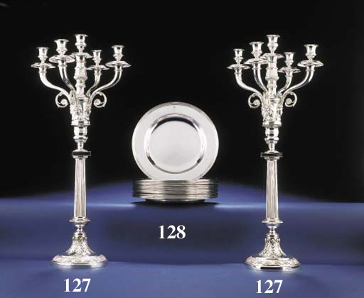 A PAIR OF CONTINENTAL SILVER FIVE-LIGHT CANDELABRA