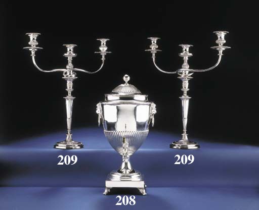 A PAIR OF GEORGE III SILVER THREE-LIGHT CANDELABRA