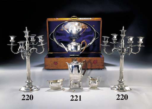 A PAIR OF GEORGE III SCOTTISH SILVER LARGE CANDLESTICKS WITH A PAIR OF PLATED FIVE-LIGHT BRANCHES