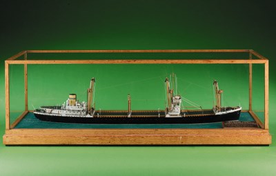 A detailed waterline model of the cargo ship S.S. Empire Viceroy, originally built for the Pandelis Shipping Co. Ltd by Vickers-Armstrongs Ltd, circa 1943 and modelled by Bassett Lowke