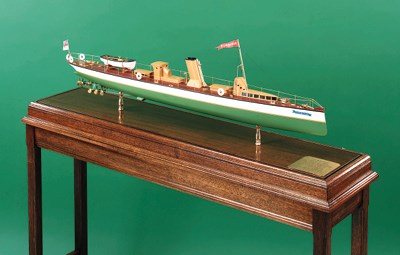 A well presented static display scale model of the nine-screw turbine powered steam yacht Turbinia, designed by Sir Charles Parsons (1894) and modified in 1897