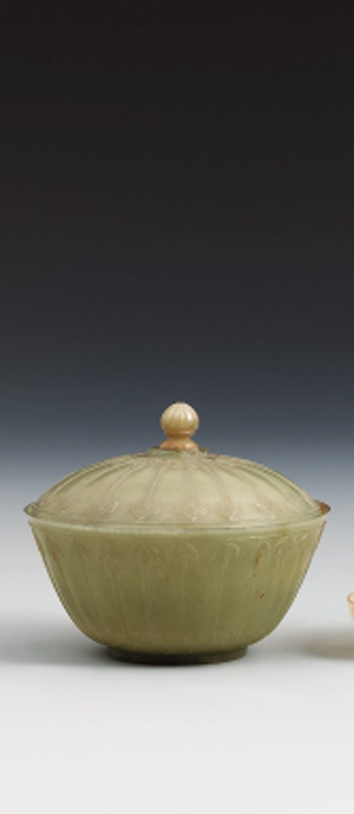 A MOGHUL-STYLE CELADON JADE BOWL AND COVER