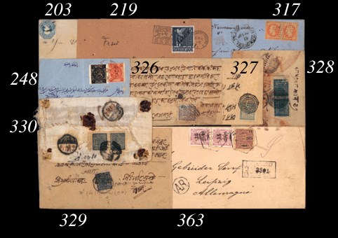 cover 1875 wide spacing, 1 (sh.) black [C] and 4 (sh.) red [A], both rouletted and tied by Kasvin 23/4 c.d.s. on blue envelope (creasing and reduced at left), very scarce. Photo
