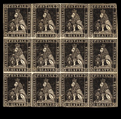 unused Block Larger Than four  1 quattrino black on grey, an outstanding and probably unique mint block of twelve (4 x 3) showing the complete crown of the watermark, very fresh with margins practically clear on all sides and virtually full original, crackly gum; two negligible splits at foot are mentioned for accuracy. A splendid and extremely fine showpiece. Enzo Diena certificate (1988) stating that this is the largest known block. Signed Alberto Diena, F. Grioni, E. Asinelli. Sassone 1. Photo