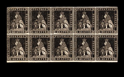 unused Block Larger Than four  1 quattrino black on grey, a quite magnificent mint block of ten (5x2) showing the complete crown of the watermark, brilliantly fresh with 1mm margin at foot, 0.5mm at top, close at right and outer frame touched or just cut-into at left, with practically complete original, slightly crackled gum. A great rarity in optimum condition. Alberto Diena certificate (1967). Sassone 1. Photo