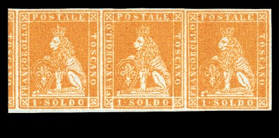 unused  1 soldo bistre on bluish grey, a splendid mint horizontal strip of three, brilliant fresh colours and with good to very large margins (showing portion of adjacent stamp at left) and practically full original gum. A great rarity in the ultimate state of conservation. Enzo Diena certificate (1978). Signed Raybaudi. Sassone 2. Photo