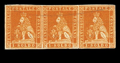 unused  1 soldo orange-bistre on grey, a stunning mint horizontal strip of three in a beautiful deep vibrant shade with large even margins and practically full original crackly gum; a vertical crease just affecting the left frameline of the last stamp and a tiny marginal scissor cut are mentioned for the sake of accuracy. An exhibition item of the highest calibre. Enzo Diena certificate (1987). Signed A. Diena. Sassone 2d. Photo