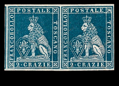 unused  2 crazie bright blue on azure, a most beautiful vivid shade in a mint horizontal pair, with good to very large margins (showing portion of adjoining stamp at left) and practically full original gum. Rare and exceptionally fine. Alberto Diena (1965) and Enzo Diena (1983) certificates. Sassone 5b. Photo